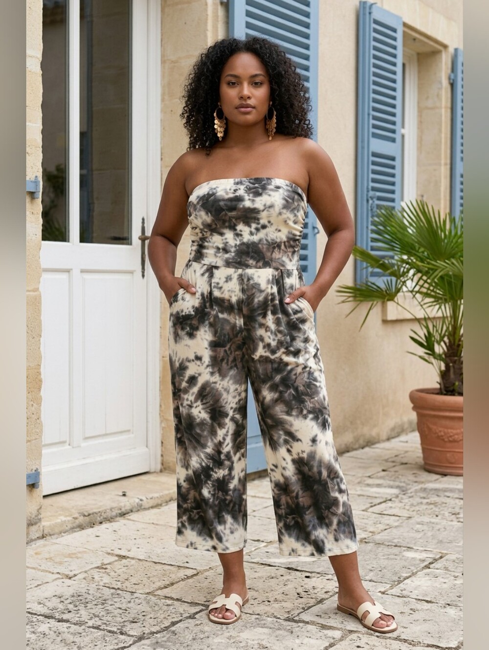 J for Justify Strapless Bandeau Ruched Wide‑Leg Jumpsuit – Tie‑Dye – 2X